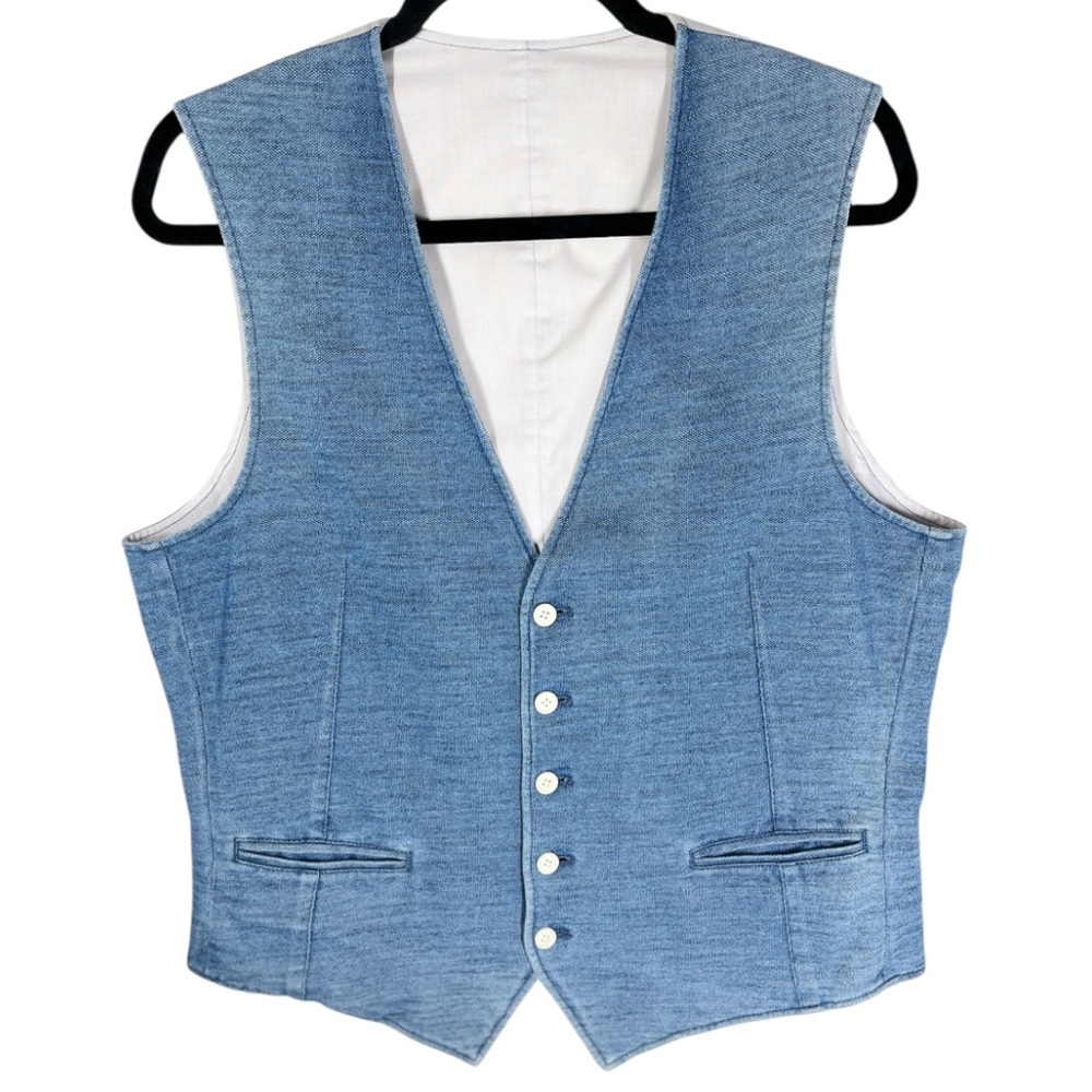 G-Stage Mens Vest Size Large Blue Cream Knitted Cotton 5 Button Closure